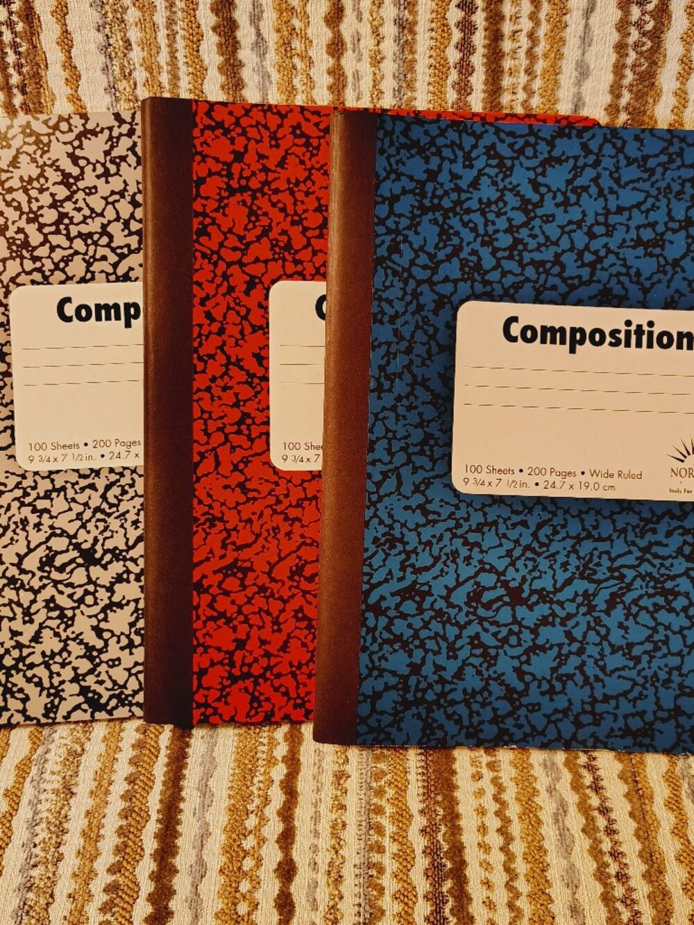 Lot Of 3 Composition Books Wide Ruled 100 Sheets 9.75" x 7.5" Blue Red Grey